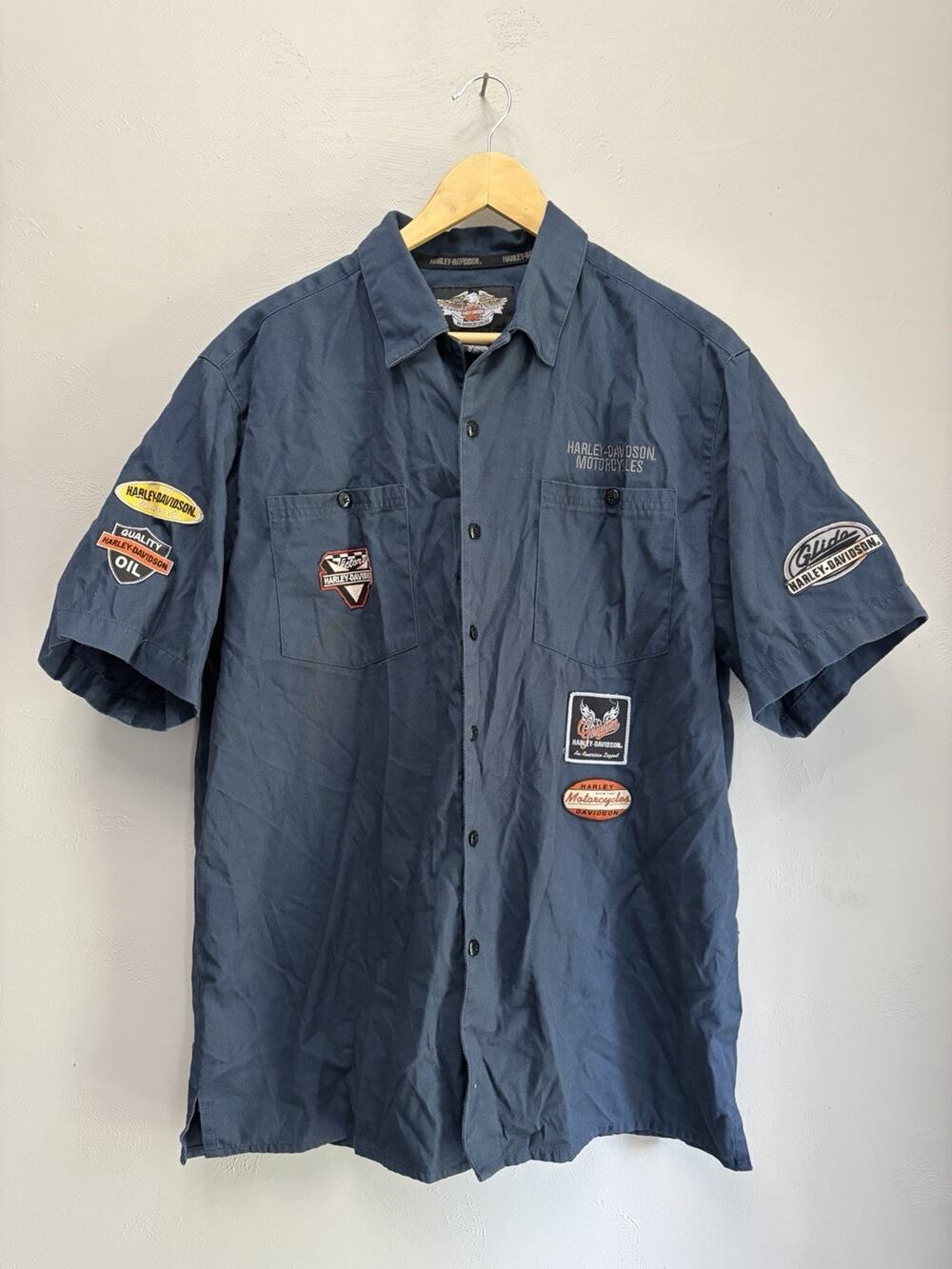 Vtg Harley Davidson Mechanic Shirt Blue Patches Racing Biker Embroidery L (0097)